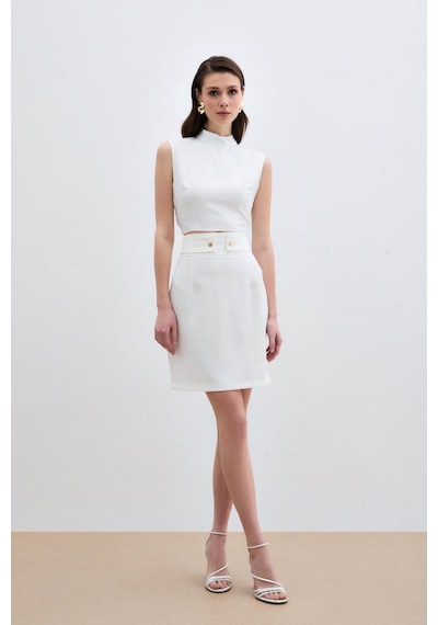 Sateen Çıt Aksesuarlı Mini Etek - Ekru-134900 Ekru