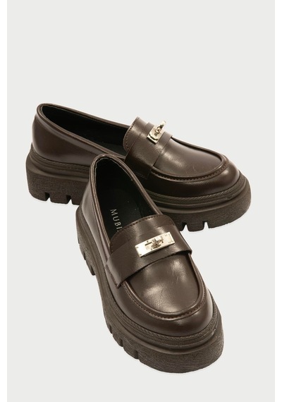 Kadın Deri Loafer Kalın Comfort Tabanlı Metal Tokalı Kahve Vareen Kahverengi
