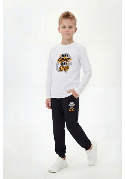 Panios Kids Yuvarlak Yaka Sweatshirt Paça Lastikli Eşofman Alt Baskılı Uzun Kollu Erkek Çocuk Alt Üst Takım Beyaz