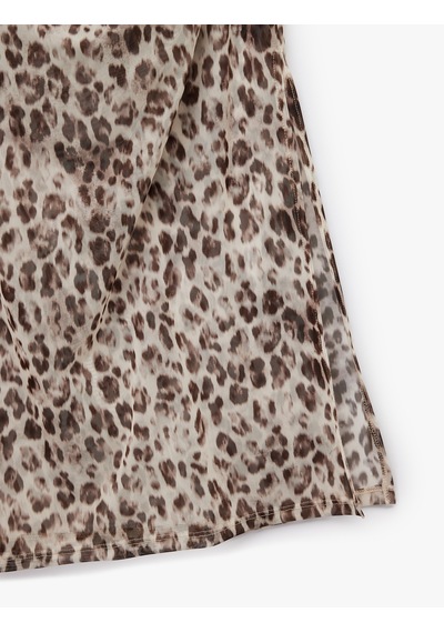 Koton Astarlı Slim Fit Drapeli Leopar Desenli Midi Boy Tül Etek Kahverengi Desenli 5sak10085uk