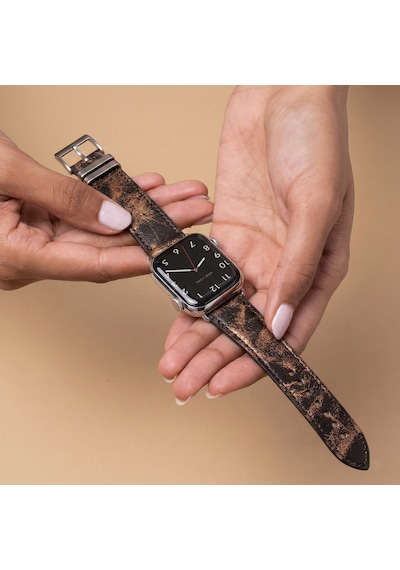 Goldoni Apple Watch Uyumlu Antik Kahverengi İnce Gerçek Deri Kordonu Metal Köprülü