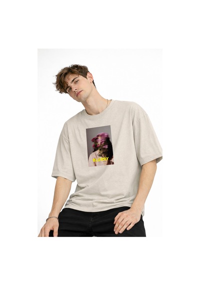 Misa Tahtakale Blurry - Oversize Erkek Tişört Bej Çok Renkli