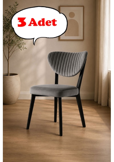 Teknor 3 Adet Elma Sandalye Modern Kadife Kapitone Sırtlı Mutfak Yemek Odası Balkon Kafe Sandalyesi 85 Cm Koyu Gri