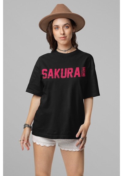 Sevbano Naruto Sakura Haruno Sırt Baskılı Unisex Oversize Anime Tişört Siyah