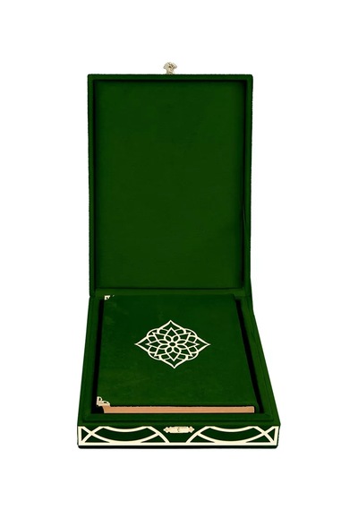 Kadife Kutulu Kur'an-ı Kerim Orta Boy, Pleksili Desen, Yeşil