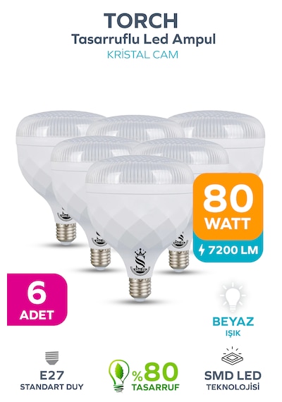 80w Kristal Tasarruflu E27 Beyaz Işık Torch Led Ampul-1-2-4-6-8-10 Adettir 6 Adet