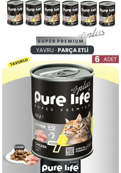 Purelife Plus 6'lı Tavuklu Yavru Puppy Kedi Konserve Chunk Parça Etli Yaş Mama 400 G