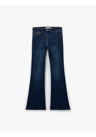Koton Düğmeli Cepli Slim Fit Düşük Bel İspanyol Paça Jean Pantolon - Flare Jeans Koyu İndigo 6wal40246md