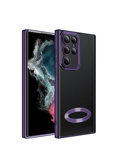Fibaks Galaxy S24 Ultra Uyumlu Kılıf Kamera Lens Korumalı Şeffaf Renkli Logo Gösteren Parlak Kapak Mor