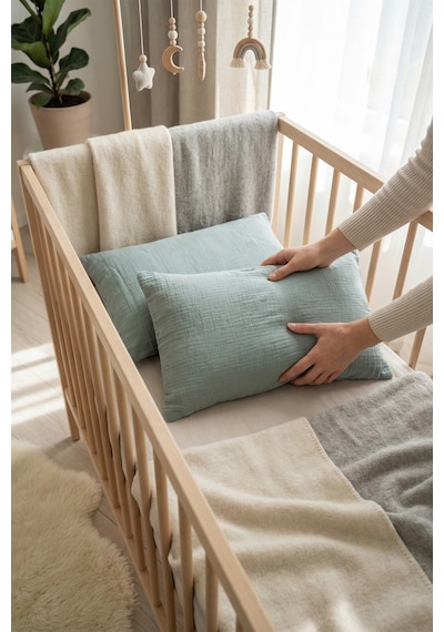 Çift Katlı Müslin Çocuk Yastık Kılıfı %100 Pamuk 35x45 cm 2’li Bebek Çocuk Kılıf Seti Mavi