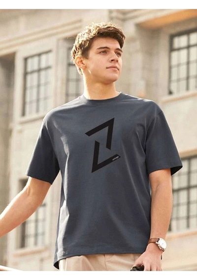 Füme Oversize Şekil Baskılı T-shirt - Oversize Baskılı Füme