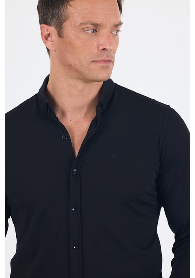 İmza Siyah İtalyan Düğmeli Yaka Uzunkol Cepsiz Slim Fit Gömlek 1004250254 Siyah