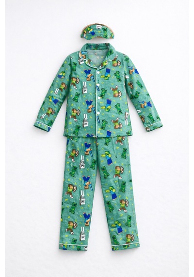 Beka Kids Desenli Uzun Kollu Önden Düğmeli Gömlek Yaka Erkek Çocuk Pijama Takımı Ve Göz Bandı Yeşil Beka Kids Desenli Uzun Kollu Önden Düğmeli Gömlek Yaka Erkek Çocuk Pijama Takımı Ve Göz Bandı Yeşil
