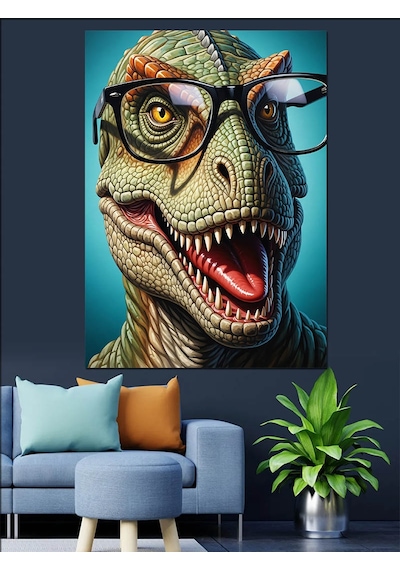 Ahşap Tablo Gözlüklü Dinozor Rex Portresi