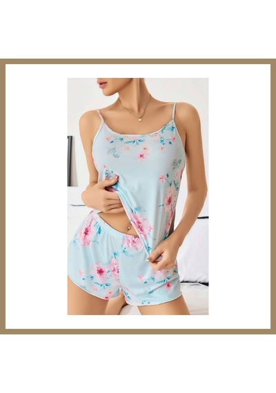 Bezos Kadın Bebek Mavisi Çiçek Desenli Askılı Şortlu Pijama Takım 5011 Renk: Bebe Mavisi Beden: L/xl 22