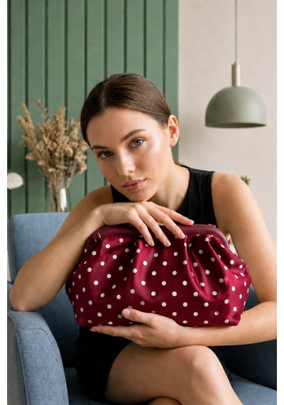 Nura Collection Kadın Premium Puantiyeli Saten Büzgülü Clutch Çanta - Bordo - 896678040 Bordo