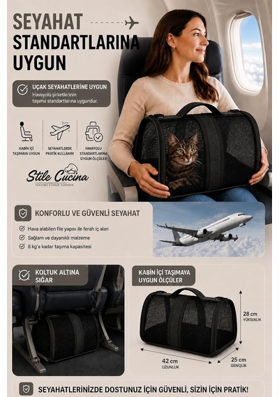 Tr Fileli Kedi Ve Köpek Taşıma Çantası, Katlanabilir, 8 Kg, 42x25x28 Cm Siyah
