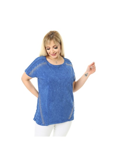 Mia Butik Büyük Beden Mavi Yuvarlak Yaka Bluz-1059 Mavi