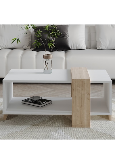 Meleni Orta Sehpa 90 Cm Modern Tasarım Raflı Beyaz/safir Meşe