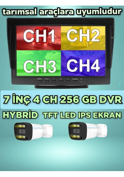 Tarım Araçlarına Özel 2 Adet Ahd 2 Mp Warm Ledli Kamera 7 İnç Qled Ips 256 Gb Dvr Monitör 12 Volt