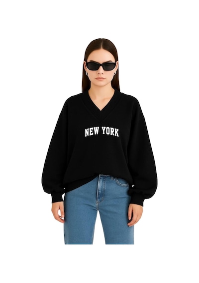 Benroma New York Baskılı Ünisex V Yaka Sweatshirt Siyah