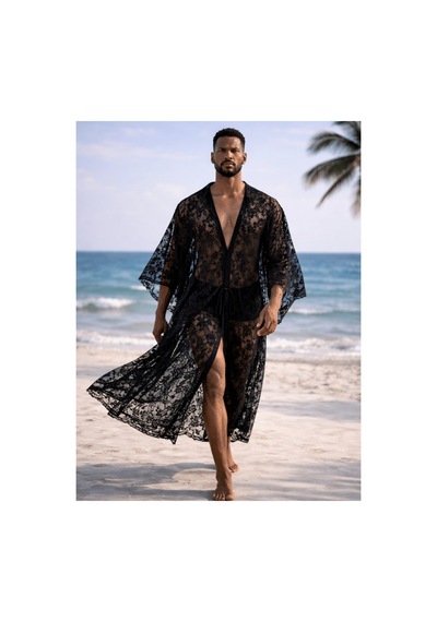 Qmen Style Erkek Plaj Kaftanı Siyah Lace Dandel Siyah