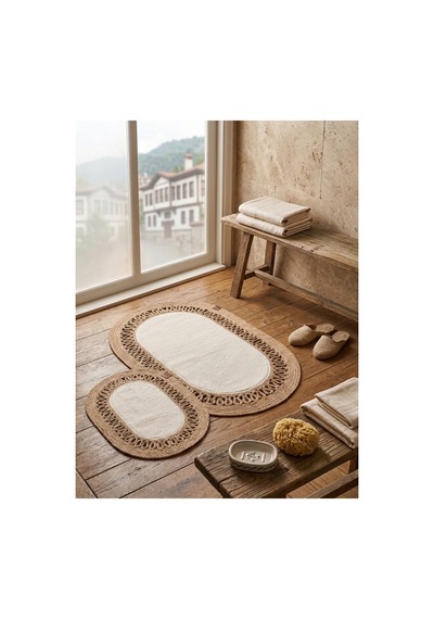 Oval Örgü Desenli Pelüş Detaylı 2'li Kahverengi Hasır Dekoratif Paspas 60x100 / 50x60 Kahverengi Kahverengi