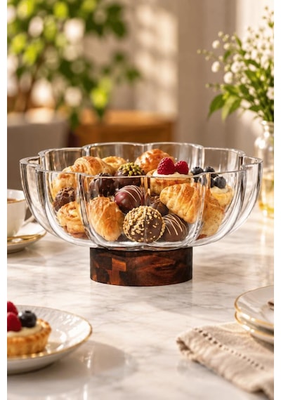Atbyhome Akasya Ayaklı Çiçek Cam Meyvelik 25x12 Cm - Papatya Dilimli Cam Salata Tatlı Sunum Kasesi Gondol Şeffaf