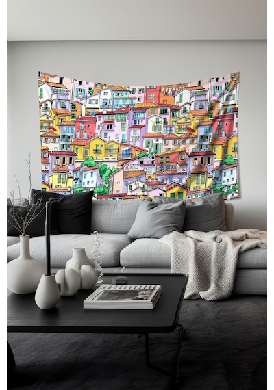 Renkli Evler Desenli Duvar Halısı Duvar Örtüsü Tapestry Süet Dokulu Kumaş