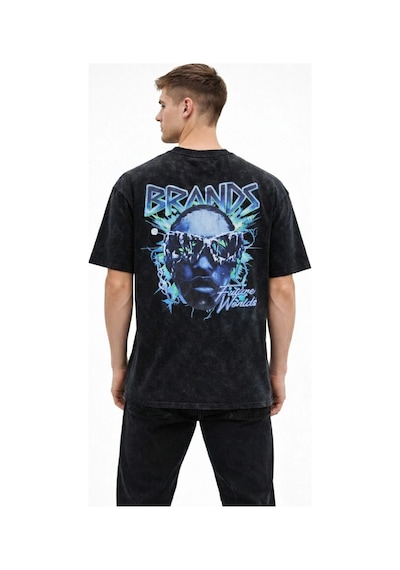Erkek Asit Yıkamalı Oversize Tişört Future Worlds Baskılı Bisiklet Yaka Kısa Kollu Streetwear %100 Pamuk Street Style T-shirt - Siyah Siyah