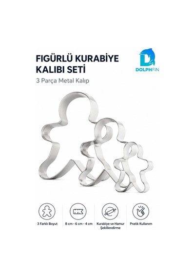Figürlü Kurabiye Kalıbı 3 Lü Metal Adam Şekilli Hamur Kesici Kalıp Seti 8 6 4 Cm Gümüş