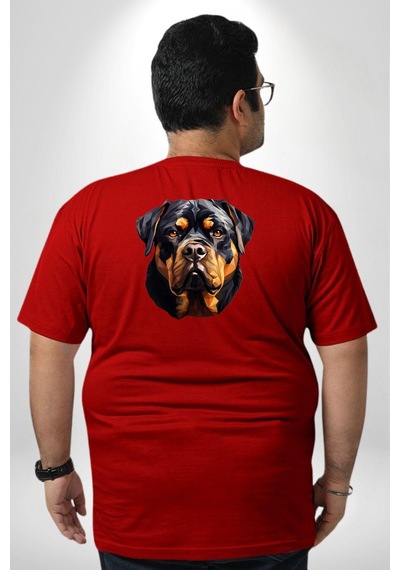 Angemiel Rottweiler Kafası Büyük Beden Kırmızı Tişört Kadın Erkek Ünisex Sırt Baskılı Kırmızı