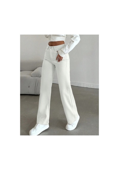 Kene Jeans Yüksek Bel Beyaz Keten Bol Paça Tam Kalıp Pantolon Beyaz