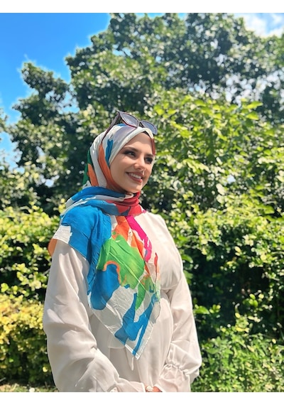 Moda Kaşmir Palet Desen Bambu Eşarp Beyaz-Mavi