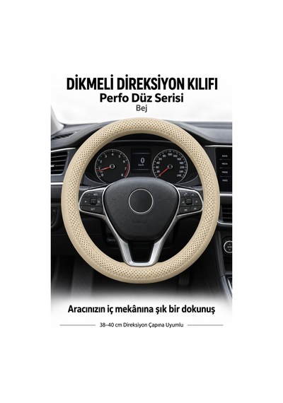 Trobus Opel Vectra 2003-2009 Uyumlu Dikmeli Direksiyon Kılıfı Perfo Düz Delikli Deri Bej