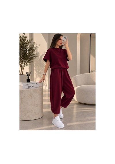 Öners Modal Dokulu Kısa Kol Şalvar Takım Bordo Bordo