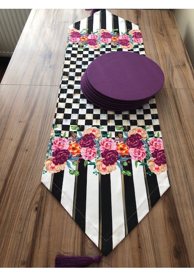 Mor Gül Desenli Runner & Mor Supla Çok Renkli