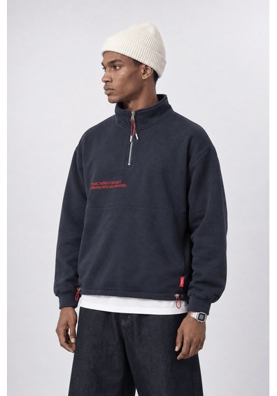 Respire Erkek Reset Baskılı Lastik Detaylı Half Zip Oversize Sweatshirt Lacivert