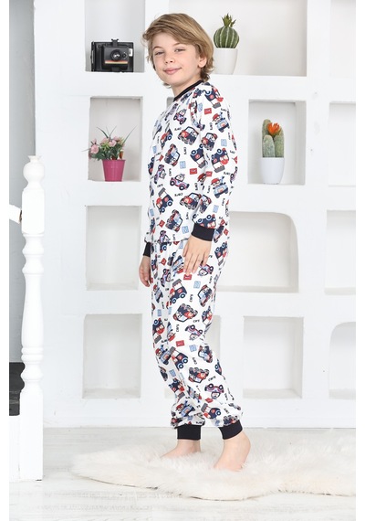 Modanino Erkek Çocuk Klasik Araba Baskılı Pijama Takımı 4-7 Yaş 12292 Beyaz