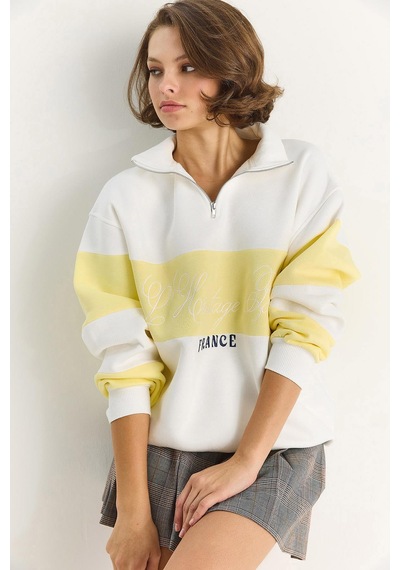 Shade Kadın Yarım Fermuarlı Nakış Detaylı Renk Bloklu Oversize Sweatshirt 10001 60283561 - Beyaz-sarı Çok Renkli Shade Kadın Yarım Fermuarlı Nakış Detaylı Renk Bloklu Oversize Sweatshirt 10001 60283561 - Beyaz-sarı Çok Renkli