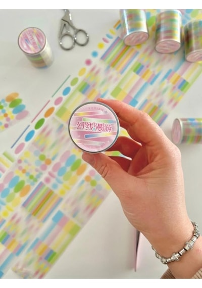 Tr Pastel Renkli Yuvarlak Ve Çizgi Desenli 2m 570adet Tek Tek Çıkartma Sticker Washi Etiket 1
