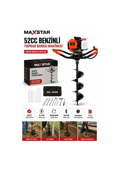 Maxstar Spr3030 52cc Benzinli Toprak Burgu Makinesi 30cm Burgu Fidan Dikme Çukur Açma Delme Mak