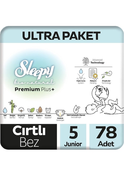 Sleepy 5 Beden Bio Natural Bebek Bezi Ultra Paket 78 Adet 5 Numara