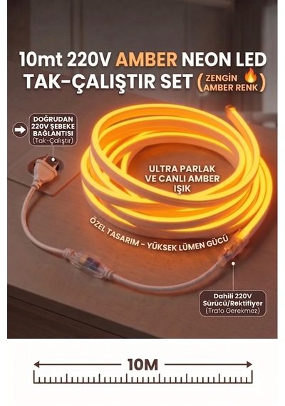10 Metre Amber 220v Neon Led Şerit ,tak Çalıştır Set, Fişli Esnek Şerit Led, ,turuncu Led,mutfak,tezgah Ledi, Neon Led Şerit Işık ,ambiyans Işık Havuzu, Balkon, Teras Ve Ev İçin Dekoratif Led