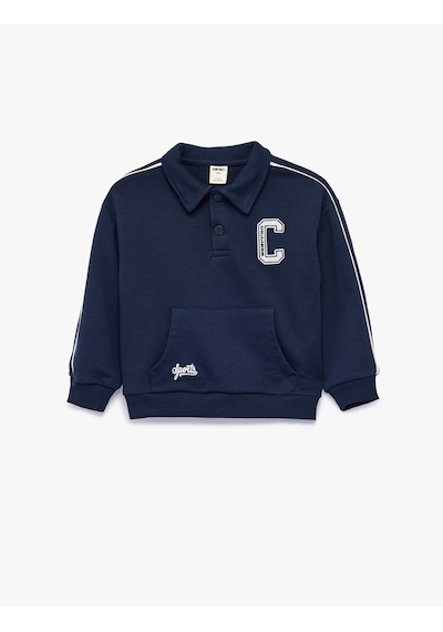 Koton Uzun Kollu Kanguru Cepli Nakış Detaylı Oversize Polo Yaka Sweatshirt Lacivert 7wmb10058tk