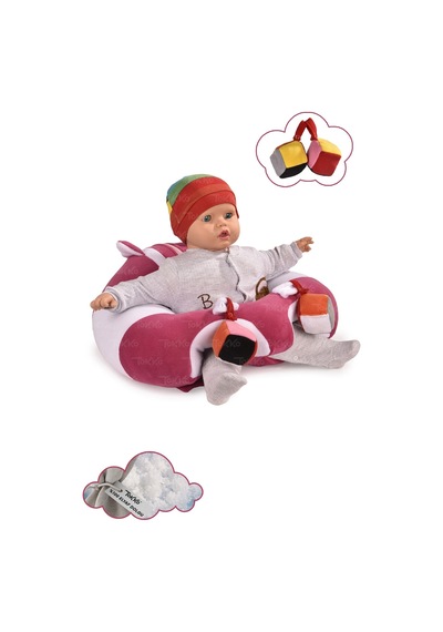 Oyuncaklı Bebek Oturma Destek Minderi - Devrilmez Bebek Koltuğu - Büyük Bebek Oturağı Fuşya Beyaz