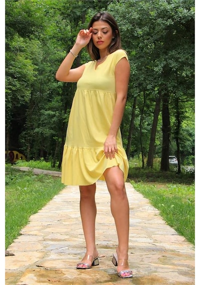Neşeli Butik Kadın Sarı Yeni Sezon V-yaka Eteği Fırfırlı Yazlık Elbise Lptr02 Sarı