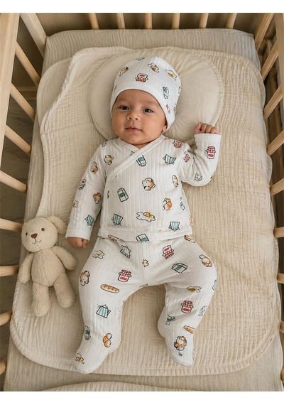 Tiffany Baby & Kids Tiffany Baby Bebek Breakfast Theme 3'lü Şapkalı Patikli Alt Üst T Ekru