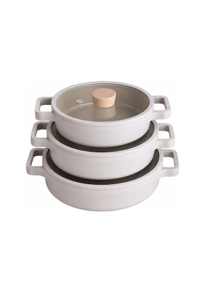 Neoflam Fika Bej 3'lü Kapaklı Sahan Seti 18-20-22 Cm