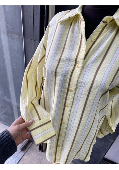 Pera Moda Oversize Çizgili Uzun Kadın Gömleği Sarı